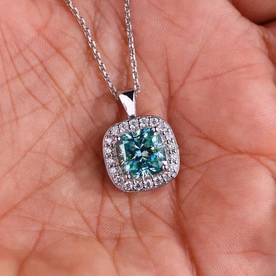5 Ct Blue Treated Diamond Pendant Cushion Shape VVS1 Certified ! Birthday Gift
