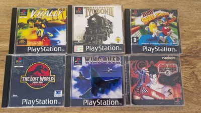 PS1 Spiele 6 Stück Playstation Tekken 3, Jurassic Park M&M V-Rally Rail Tycoon 2