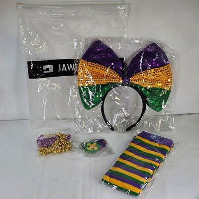 JAWEAVER Mardi Gras Accessory Set Sequin Bow Headband Socks Bead Pin Purple Gold