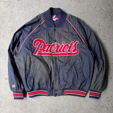 Vintage Majestic New England Patriots Bomber Jacket Navy Blue Distressed Mens L