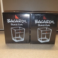 2 Bacardi Black Rum complimentary square glass with logo in original box