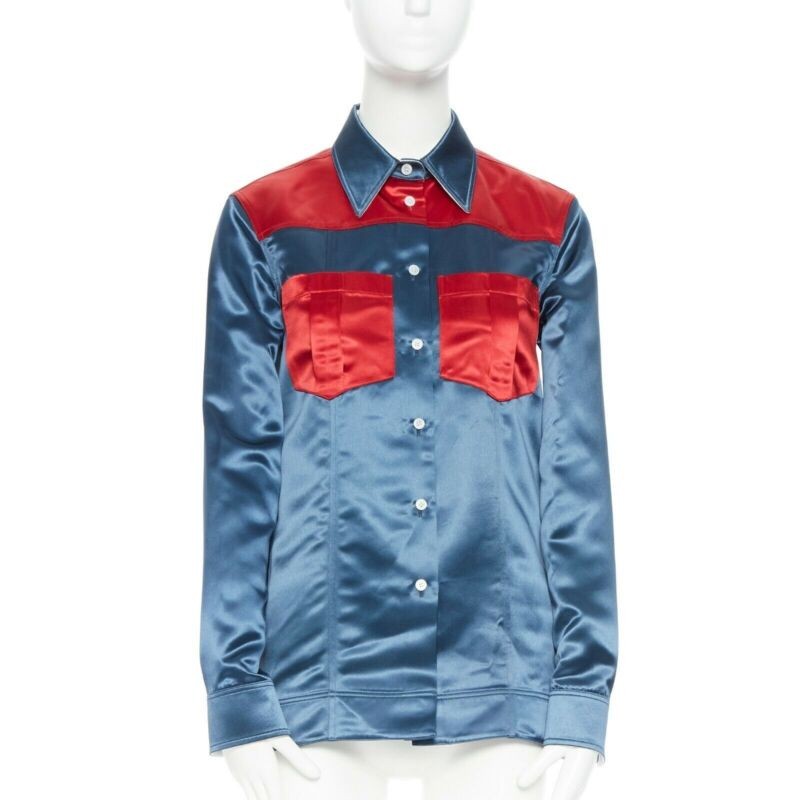 runway CALVIN KLEIN RAF SIMONS SS18 blue red acetate diner uniform shirt  IT36 XS