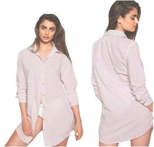 NWT Victorias Secret Cozy Sleep Shirt Pink Stripes Size Lg Long Sleeve Button Up