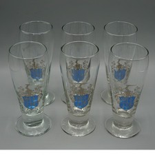 Set 6 Vintage Footed Pilsner Beer Glasses Heraldic Coat of Arms Gold Blue MCM