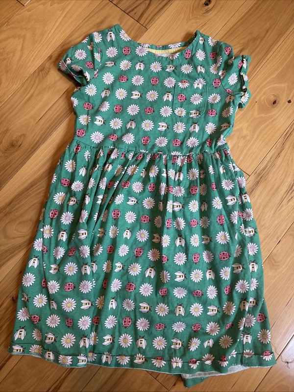 Mini Boden Size 11 12 Girls Short Sleeve Dress Green Ladybugs