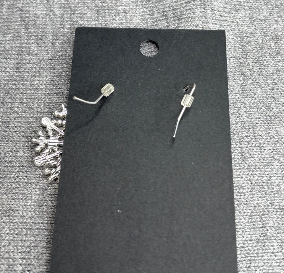 Snowflake Dangle Earrings Silvertone Clear Rhinestones 1.25 inch - Image 2 of 3