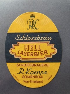 VK Bieretikett Ostgebiete Polen Schlossbrauerei Köppe Scharnikau