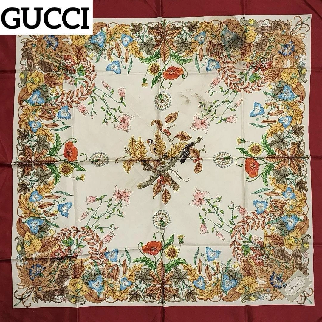 Authentique grande écharpe GUCCI 100% soie motif plantes oiseaux rouge multicolore du Japon