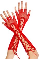 Adult Lace Up Fishnet Woman Arm Warmer Red Womens Gloves