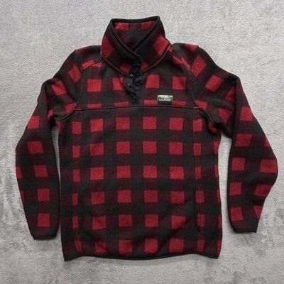 L.L. Bean Red Buffalo Plaid Fleece Pullover Womens S Snap Mock Neck Cozy Sweater