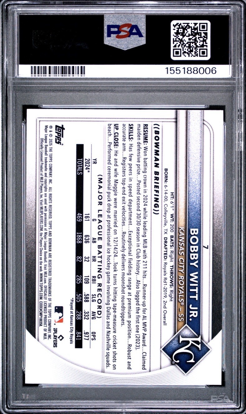 Topps 2025 Bowman Bobby Witt Jr. #7 Yellow /75 Kansas City Royals PSA 10 view 2