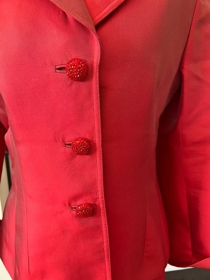 Conjunto de traje falda y chaqueta vintage Badgley Mischka rojo mezcla seda/lana Foto 3 de 4