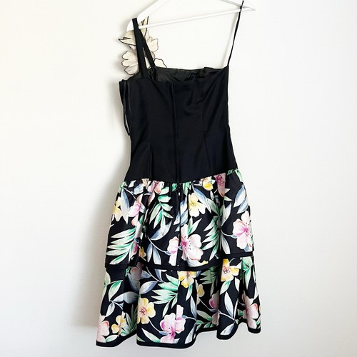 Vtg 80s Victor Costa Floral Black Bustier Dress Corsage Shoulder Tier Flare Drop - Picture 2 of 12