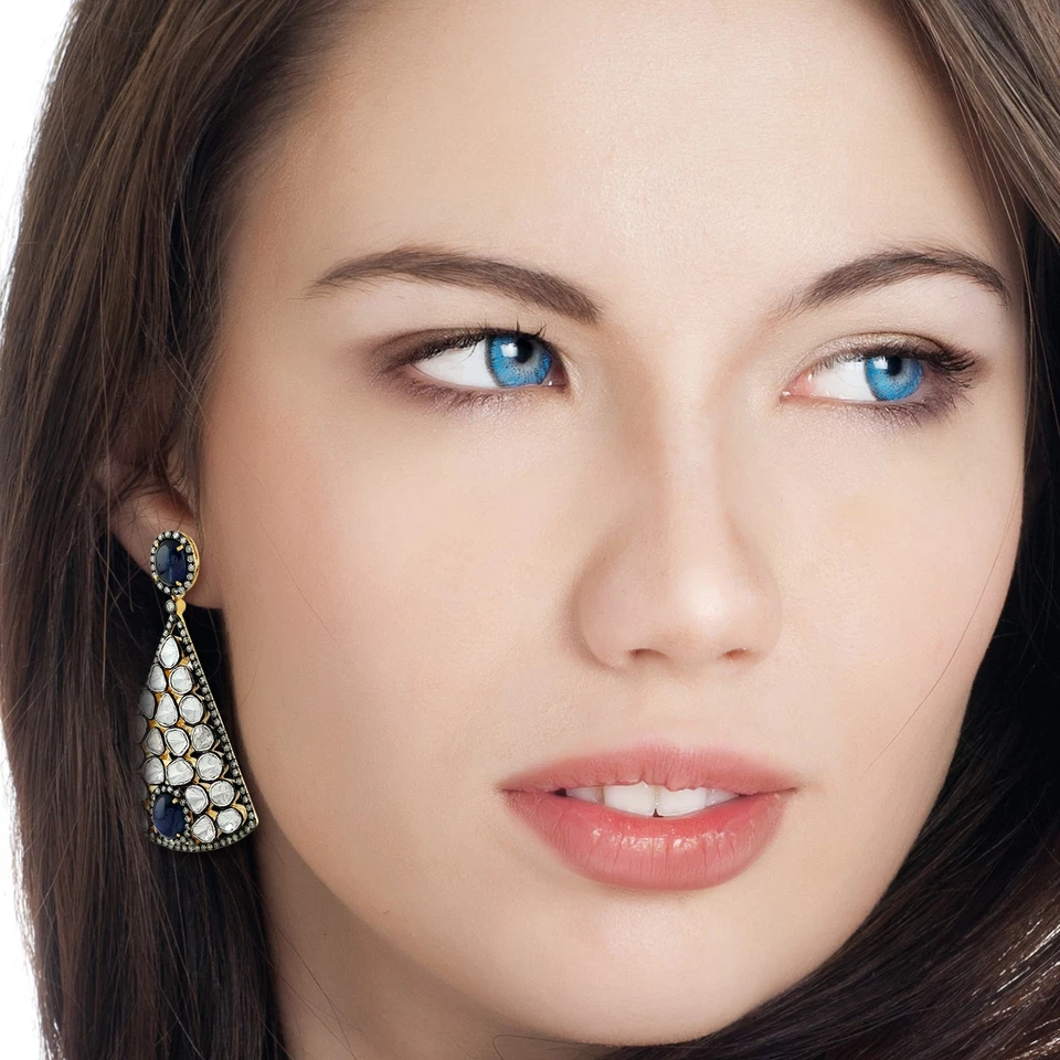 Orecchini pendenti zaffiro diamante naturale argento sterling 925 gioielli in... - Immagine 2 di 4