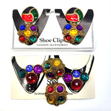Lot 5 Pair Vintage Shoe Clips Plastic Faux Rhinestones - Enamel S.G. D'OR 80's