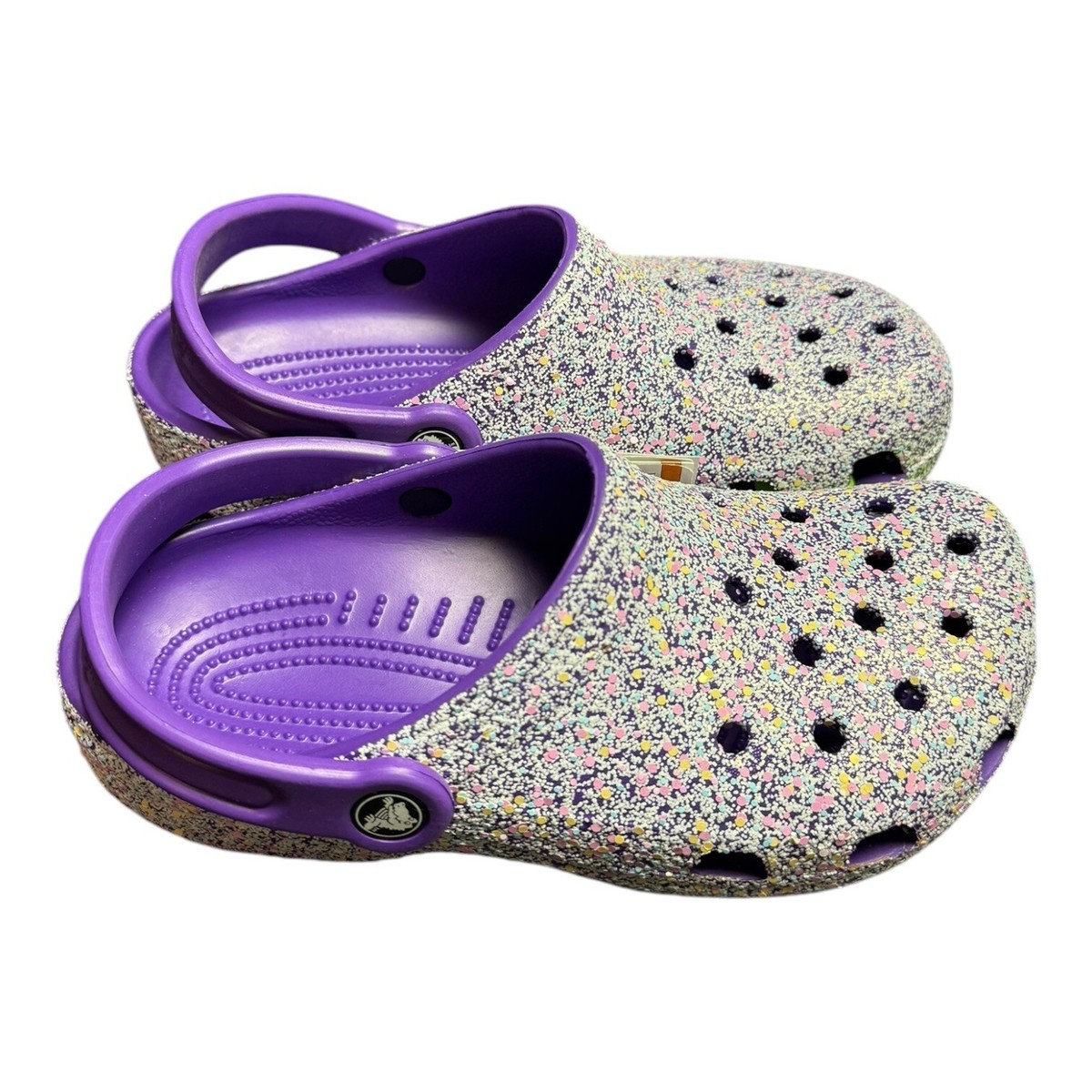 Crocs Girls J3 EUR 34-35 Classic Glitter Sparkly Purple Slip On Clogs  206993-573