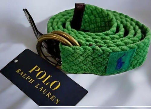 Polo Ralph Lauren grün gewebte Baumwolle ORing Gürtel Lederbesatz geflochten neu Medium - Bild 5 von 8