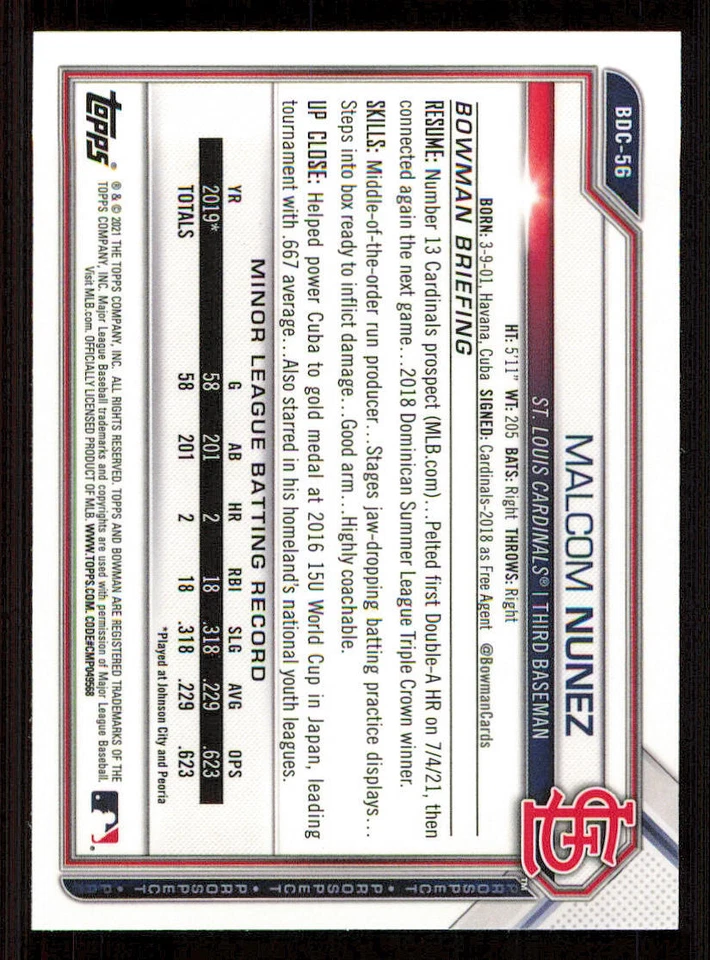 2021 Bowman Chrome Draft Sky Blue Refractors #BDC56 Malcom Nunez - Image 2 of 2