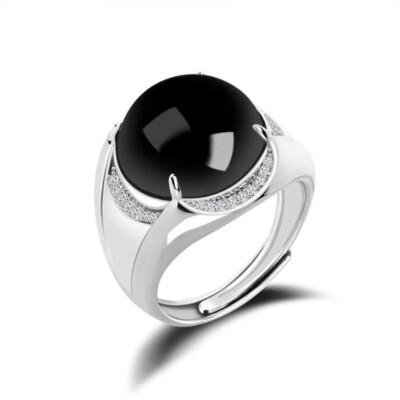 Certified Black Natural A Jade jadeite 925Sterling Silver Men's Ring