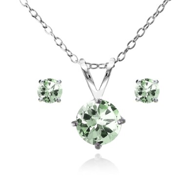 Round Solitaire Green Amethyst Necklace Stud Earrings Set in