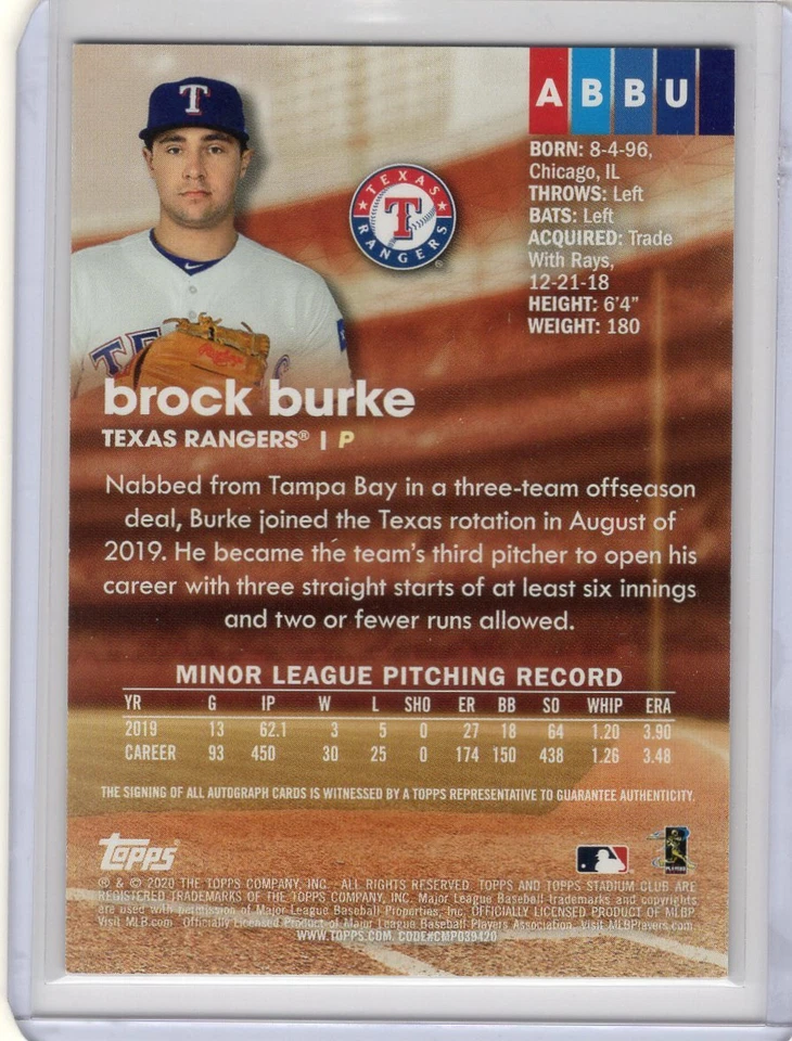 2020 Stadium Club #ABBU Brock Burke Rookie Autograph - Image 2 of 2