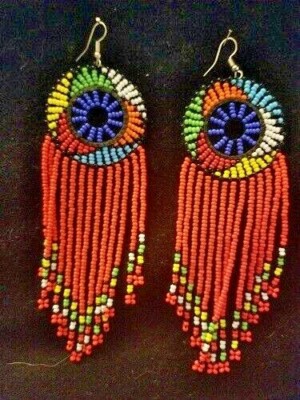 Maasai RED Multicolor Tassel earrings 4 1/2  by 2 IN. Handmade