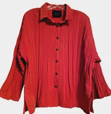 BLANQUE  Dramatic Pleated Crinkled Boxy Art Shirt / Jacket Rust Orange S M L XL
