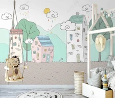 3D House Tree Cloud Sun Kids Self-adhesive Removeable Wallpaper Wall Mural
