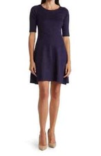 Eliza J Navy Blue Crewneck Three-Quarter Sleeve Fit & Flare Dress Size XL $138