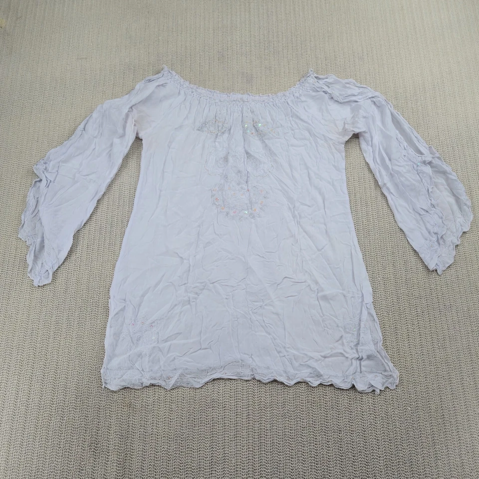 Blusa Top Camisa Krista Lee Mujer Pequeña Blanca Transparente Túnica Lentejuelas Bordadas Foto 2 de 4
