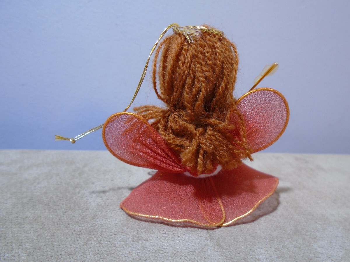 VINTAGE HANDMADE WOOD HEAD MESH & WIRE ANGEL 2” ORNAMENT UNBRANDED