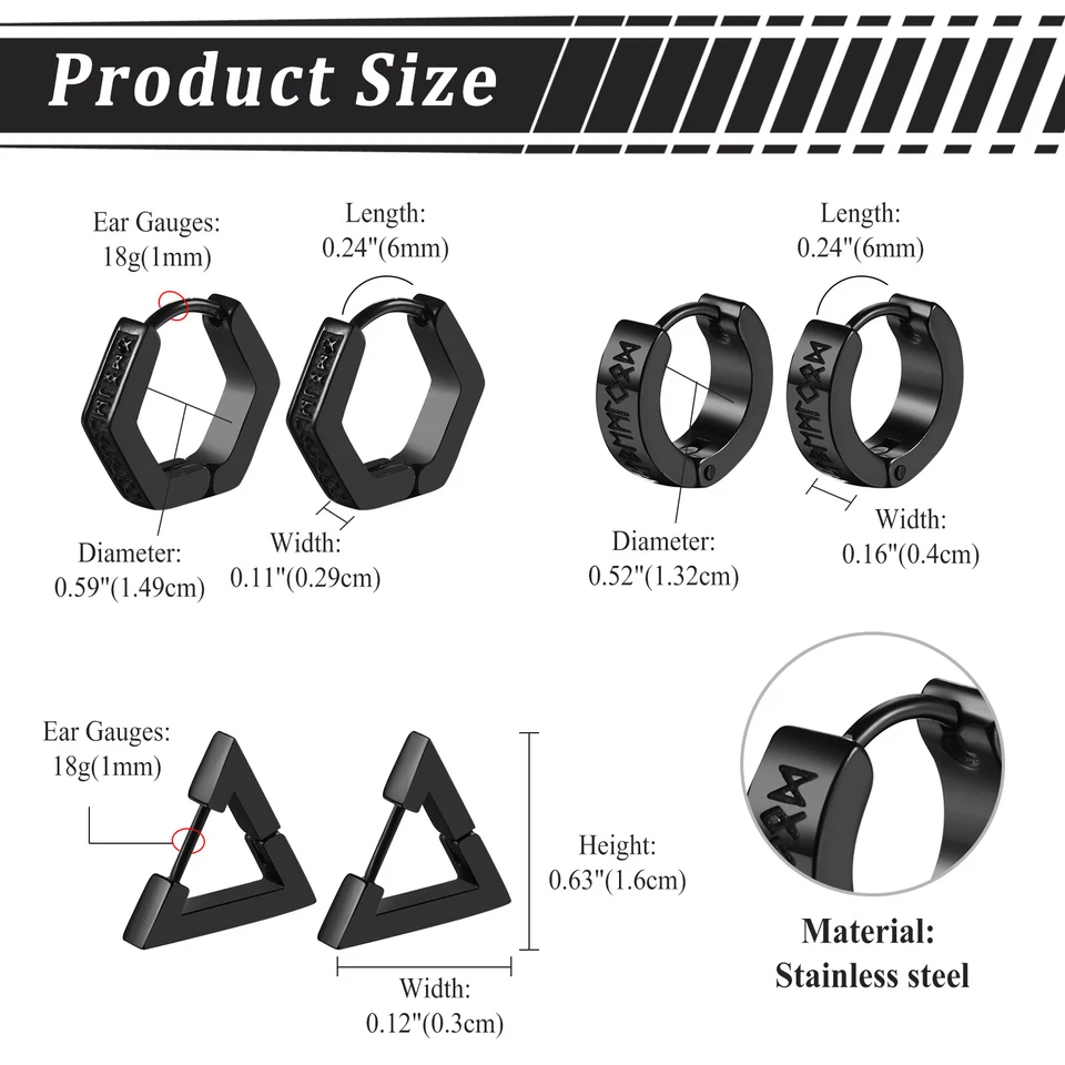 Pendientes Huggie de runa vikinga negra para hombre 6 piezas Pendientes de aro geométricos nórdicos Regalo Foto 2 de 4
