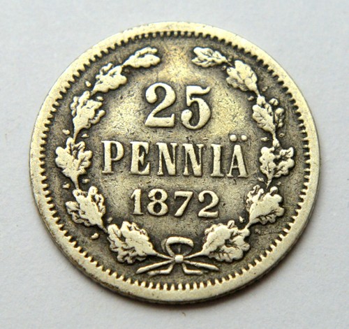 RUSSIA FINLAND 25 PENNIA 1872 OLD SILVER COIN