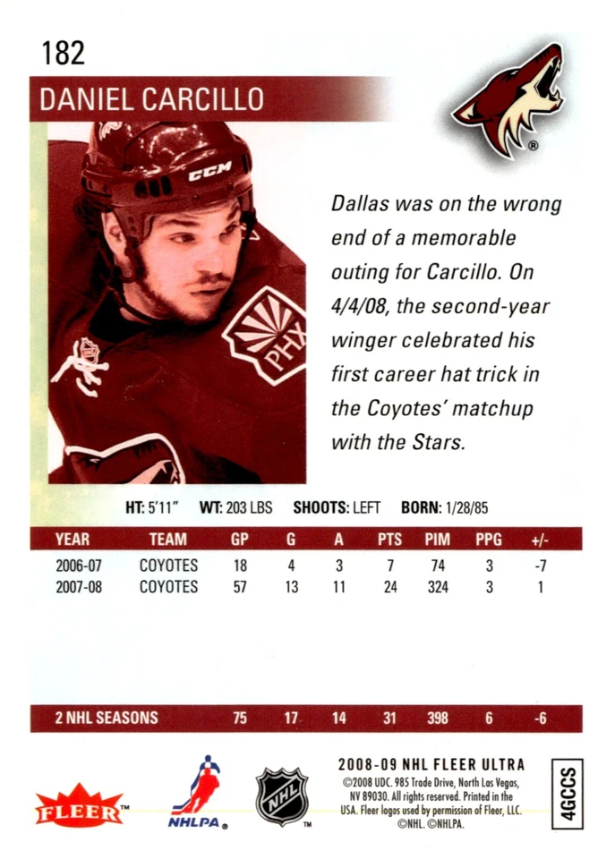 Daniel Carcillo - Signed 2008-09 NHL Fleer Ultra Card #182 - Image 2 of 2