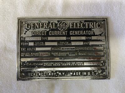 General Electric Direct Current Generator Plaque 8x5.5 Aluminum
