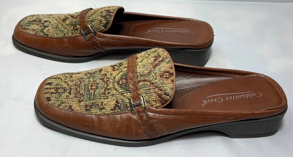 Coldwater Creek Loafers Women 7.5 M Brown Leather Tapestry Mules Slip-On - Image 3 of 4