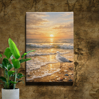 Seagull coastal sunset with waves and seashells Art Print photoreal scene