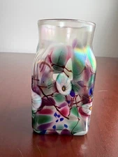 Herb Thomas Iridescent Millefiori Floral Art Glass Vase 5" Hand Blown, Square