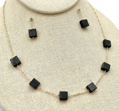 Bernard Passman 14K Gold Square Black Coral Necklace Earrings Set  (I-65294)