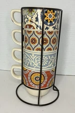 Pier 1 Imports Set of 4 Stackable Floral Paisley Mug Set w/Metal Stand