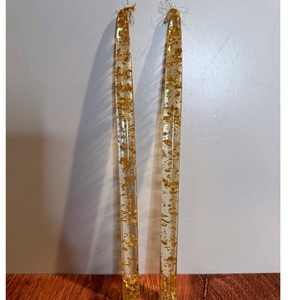 Vintage MCM Lucite Taper Candles Clear With Gold Flecks Pair