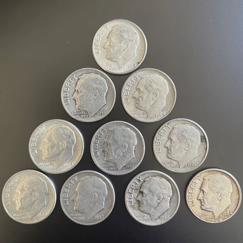 Lot of 10 Silver Roosevelt Dimes - Pre-1965 - 90% Silver - FREE SHIPPING!