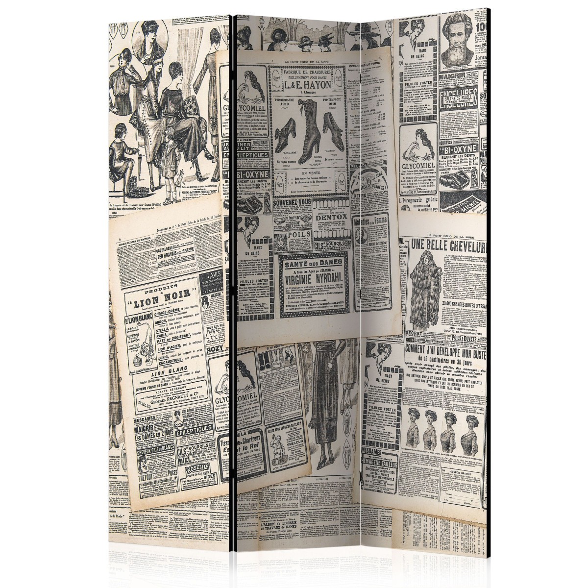 Paravent 3 volets Vintage Newspapers cloison amovible 135x172cm en bois et toile