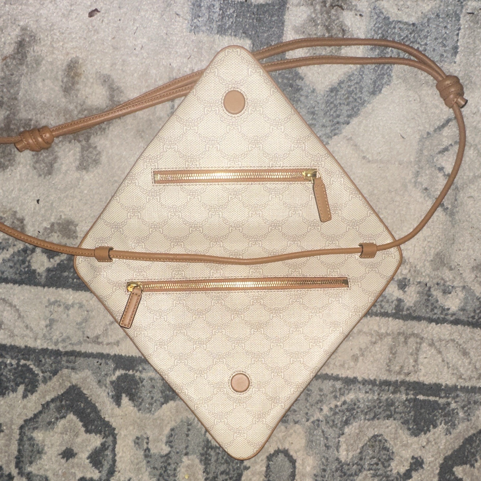 MCM Beige Monogram Triangle Shoulder Bag Small Zip Pockets Adjustable Strap — image 3