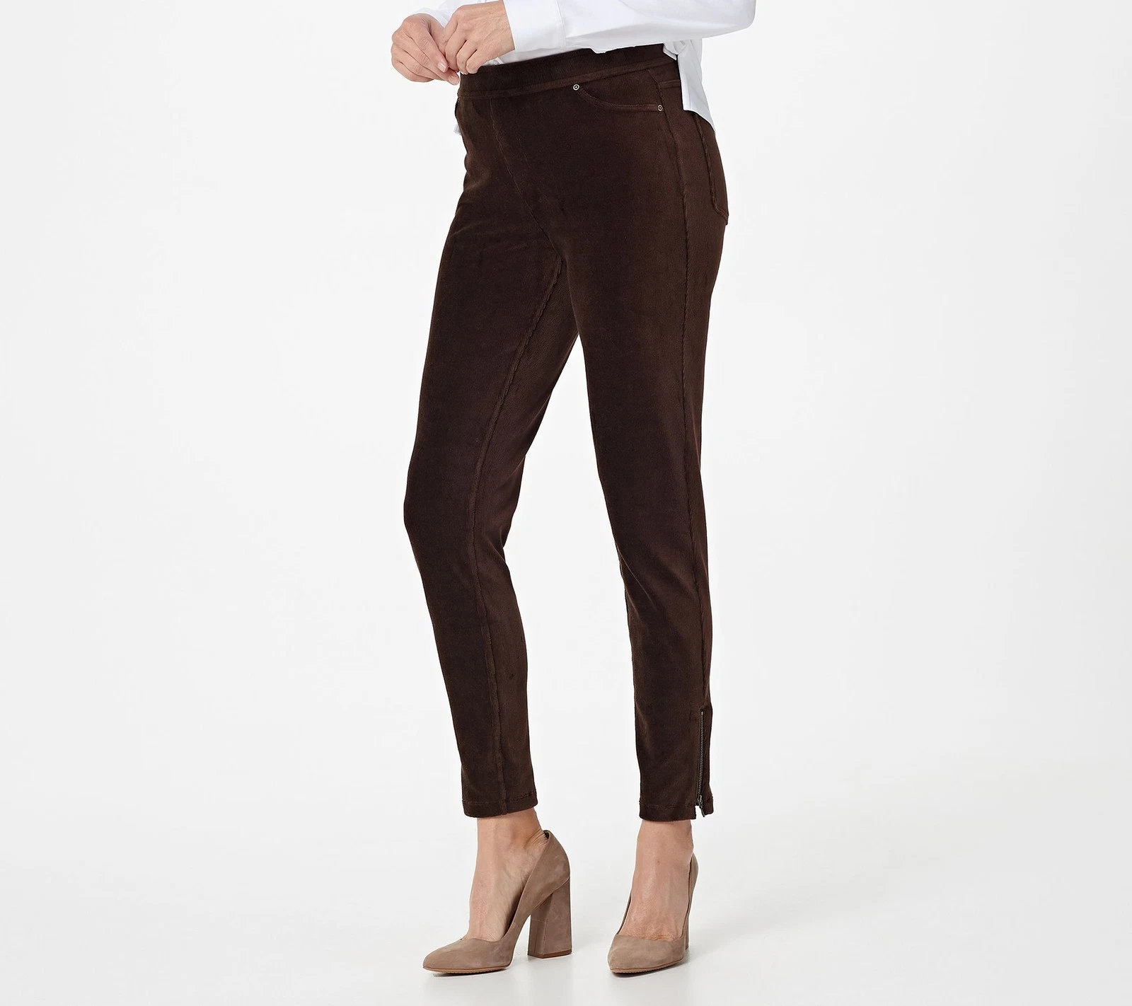 Susan Graver Women's Pants Sz L Knit Corduroy Straight Leg Pull-On Brown A297161