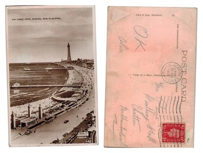 Postkarte - Die drei Pfeiler Gesamtansicht Blackpool verschickt 1935