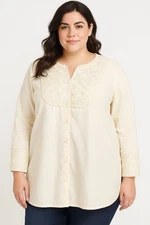 Susan Graver Womens Blouse  XL Tunic Linen Blend Beige Embroidered Long Sleeve