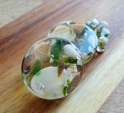 Ocean ear plugs Beach Nautical gauges Resin tunnels Seashell earrings Pair