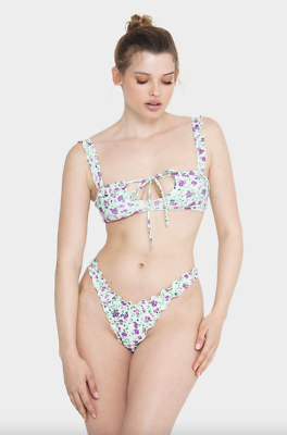 KHASSANI SWIMWEAR PURPLE FLOWERS 'ALMA' RUFFLE DETAIL BRALETTE BIKINI TOP  (L) NW | eBay