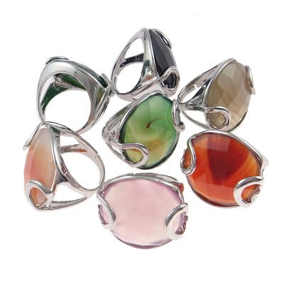 Wholesale Bulk Lot 6 Adjustable Silver Tone Agate Stone with Overlay Large Rings